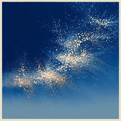 Abstract organic halftone constellation, dithered points of light in cream glowing within blue gradients, organic cluste