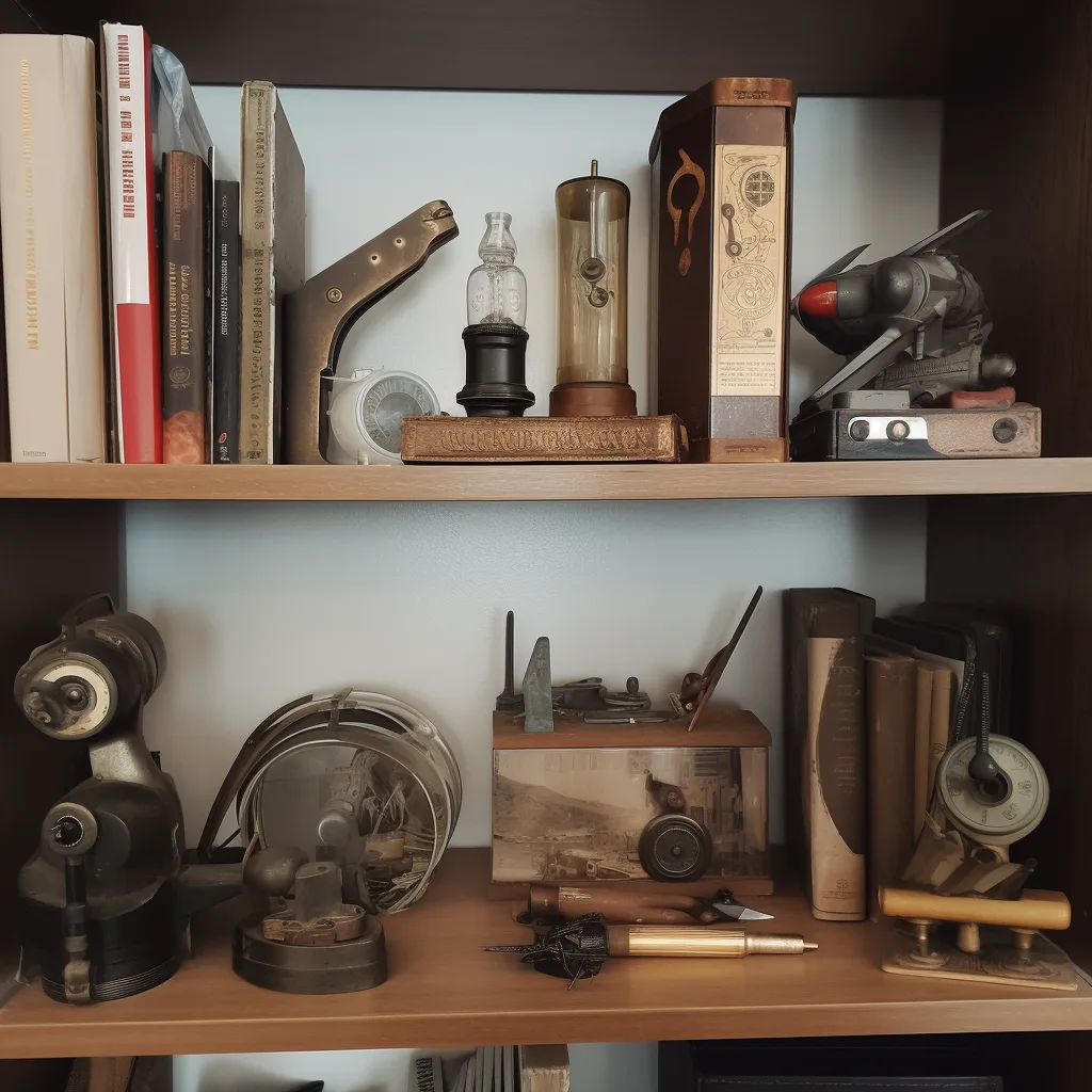 a few Interesting object on an office shelf --upbeta --v 5