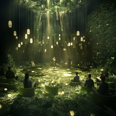 A post-performance theater scene where the audience mingles in the softly lit, nature-infused space. The seats remain ge