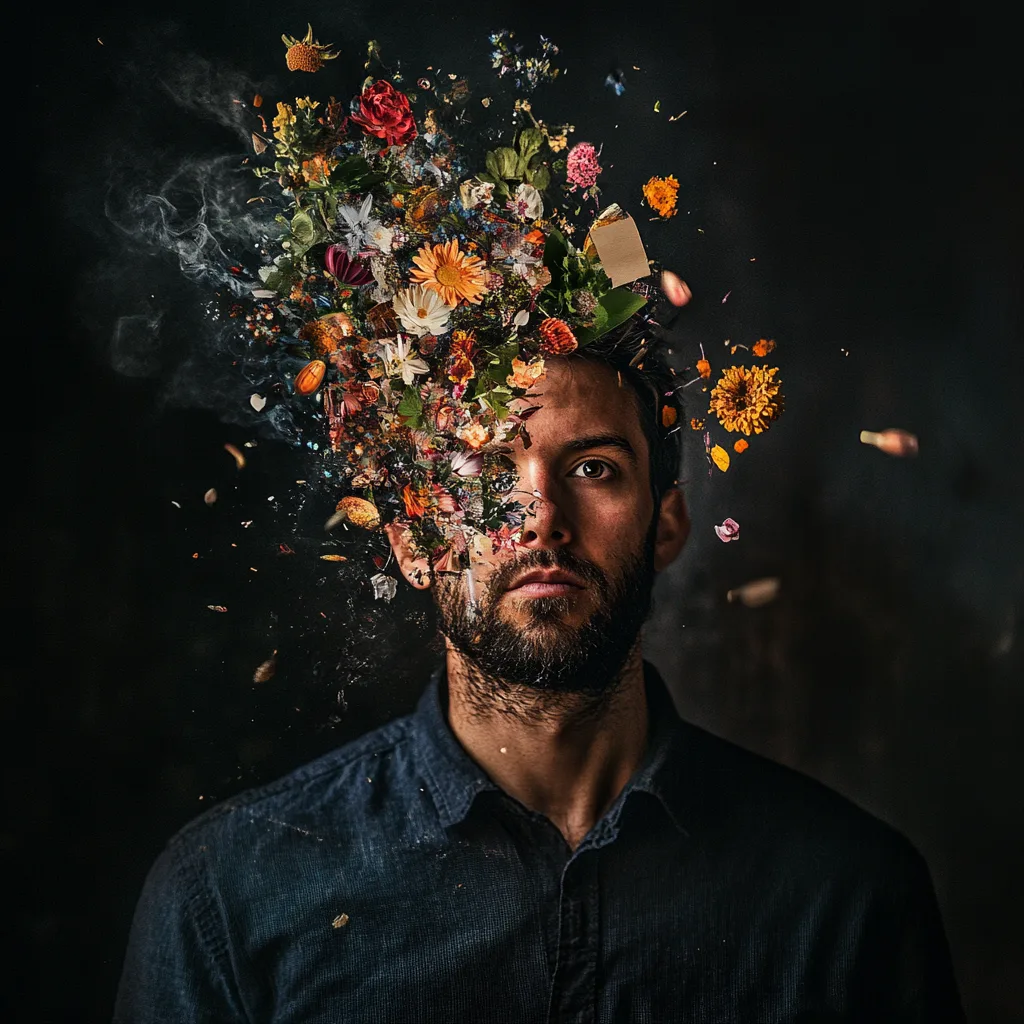 portrait of person, dark background, with these values as items exploding behind portrait, care deeply about sustainabil