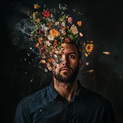 portrait of person, dark background, with these values as items exploding behind portrait, care deeply about sustainabil