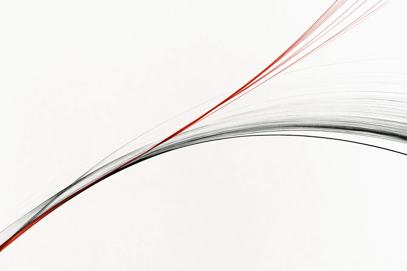 an elegant high-energy abstract systems illustration on white: a fine black ink current and a slender vermilion-red curr