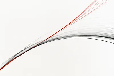 an elegant high-energy abstract systems illustration on white: a fine black ink current and a slender vermilion-red curr