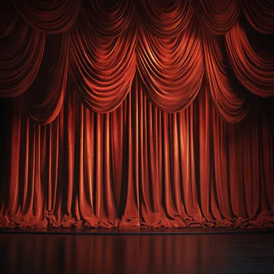 A grand theater stage with deep red, lush velvet curtains, rich folds cascading down, illuminated by warm golden stage l