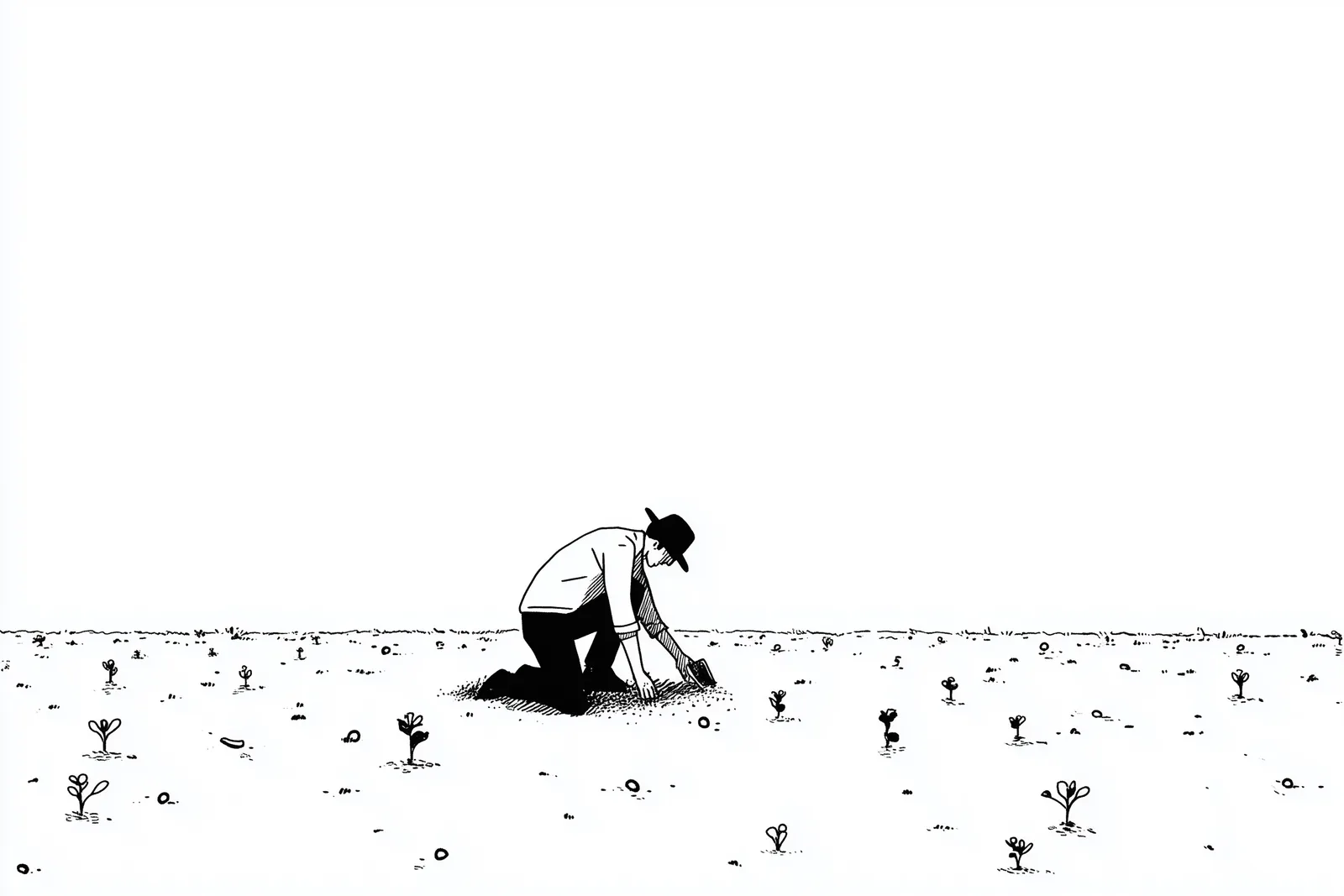 A lone farmer kneeling in a sparse field, carefully picking scattered 1s and 0s from the soil like vegetables, only a fe
