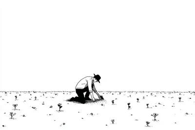 A lone farmer kneeling in a sparse field, carefully picking scattered 1s and 0s from the soil like vegetables, only a fe