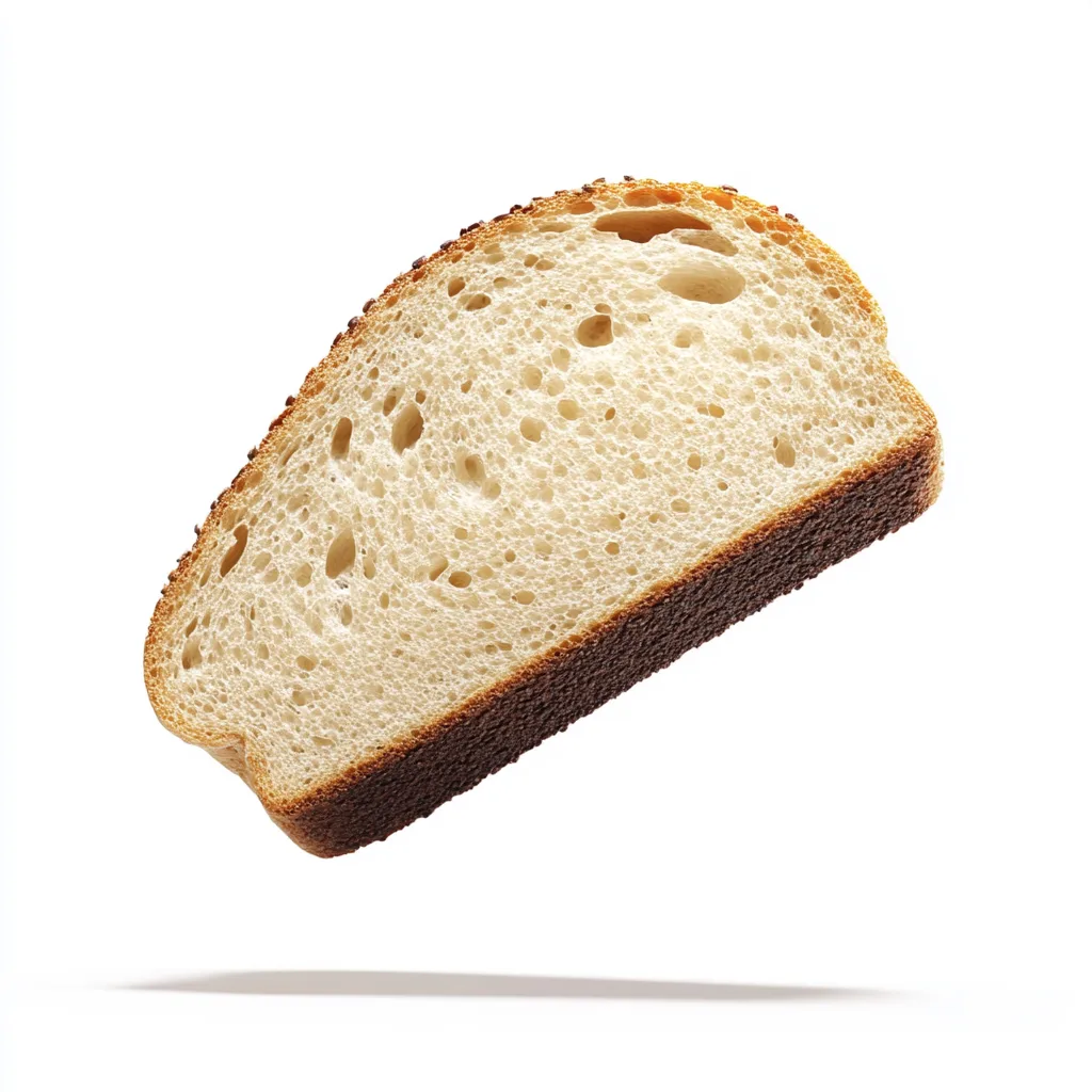 A single slice of artisan bread floating in perfect isolation, ultra hyper-realistic detail, crisp crust texture, soft a