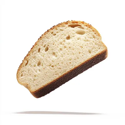 A single slice of artisan bread floating in perfect isolation, ultra hyper-realistic detail, crisp crust texture, soft a