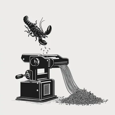 pasta extruder sitting in isolation with a lobster going in to the extruder from the top side and pasta coming out of th
