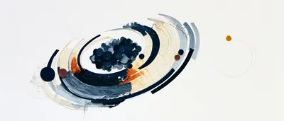 abstract cut-paper collage on a pure white background: an abstract composition loosely suggesting an atom without depict