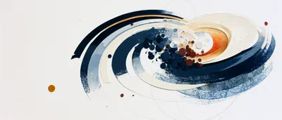 exceptionally abstract cut-paper collage on a pure white background: an abstract composition loosely suggesting an atom