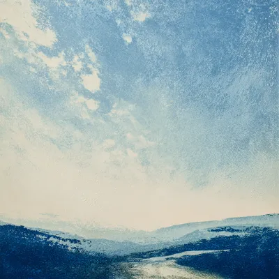 Expansive abstract landscape in soft halftone and heavy dithered texture, light-filled path or valley leading toward a d