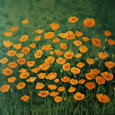California poppy patten, growing upwards, painting, only 7 colors, green background