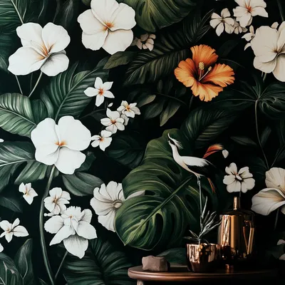 dark and tropical wallpaper with white flowers, bird of paradise, California poppies, monstera leaves