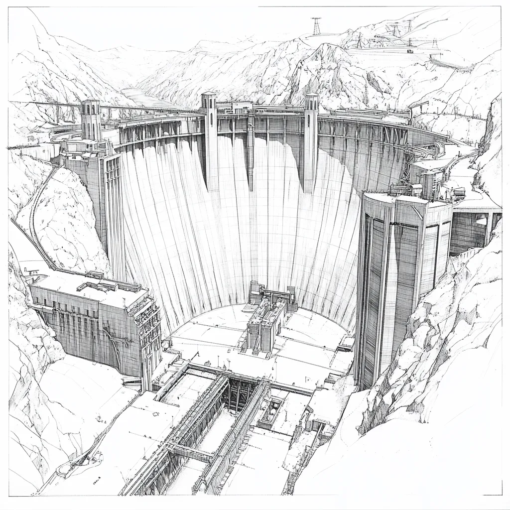 Highly detailed black and white architectural technical drawing of the Hoover damn, a large hydroelectric dam, blueprint