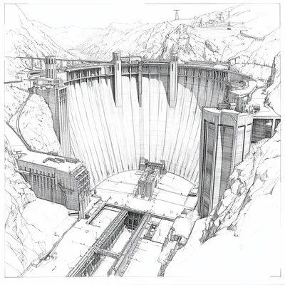 Highly detailed black and white architectural technical drawing of the Hoover damn, a large hydroelectric dam, blueprint