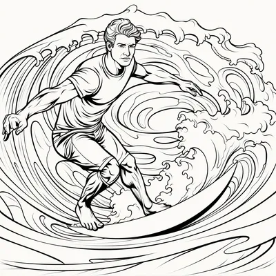 surfing, coloring book outlines, black and white, simple --s 250