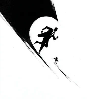 disorientated spinning, minimalist black and white editorial illustration, bold flat silhouettes, high-contrast ink draw