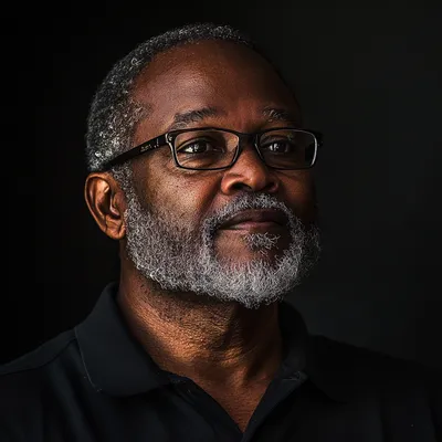 portrait, dark background, 62-year-old Black man, retired teacher, urban resident, enjoys jazz music, avid reader, prefe