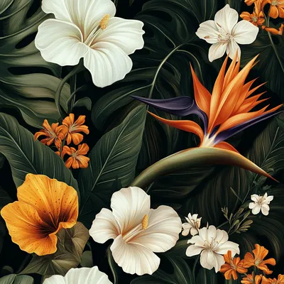 repeating pattern, dark and tropical, bird of paradise flower, white flowers, California poppy flowers, monstera leaves