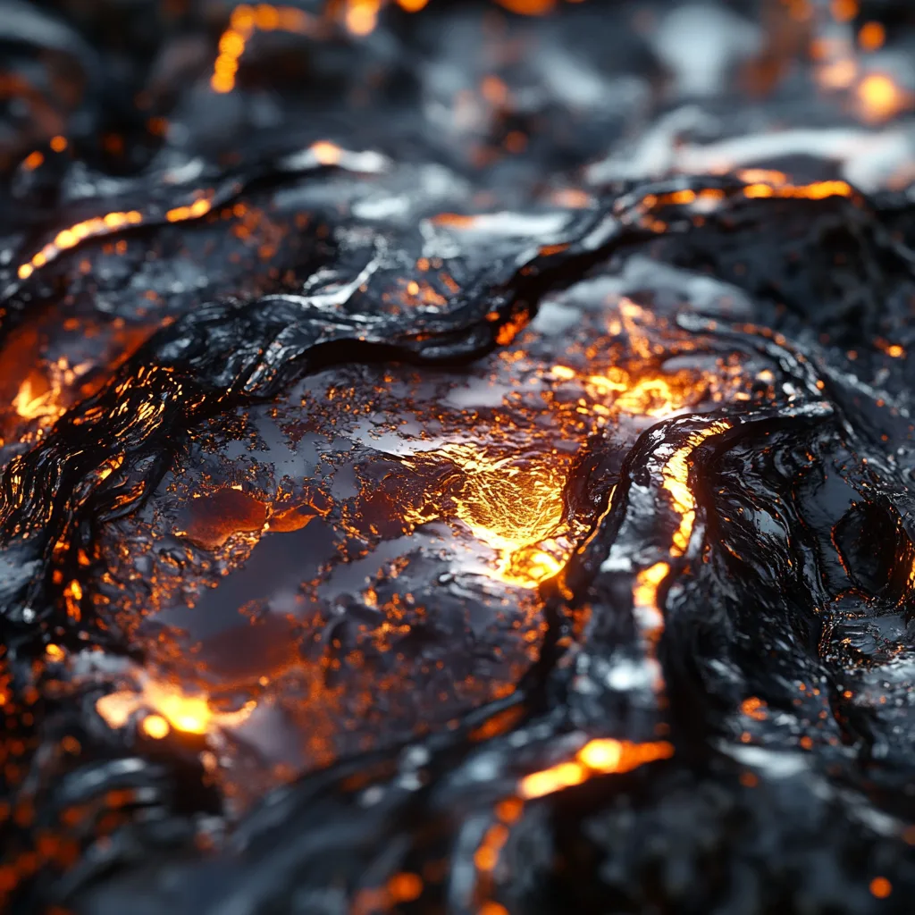 A hyper-realistic close-up of molten lead. The material appears viscous, with intricate details of light refractions and