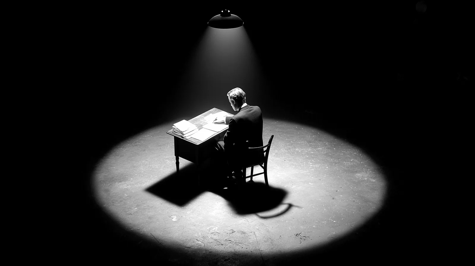 black and white film noir photograph from slightly above, single figure at a minimal desk working under a hanging pendan