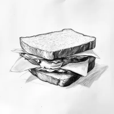black and white vine charcoal sketch of a sandwich, simple shapes
