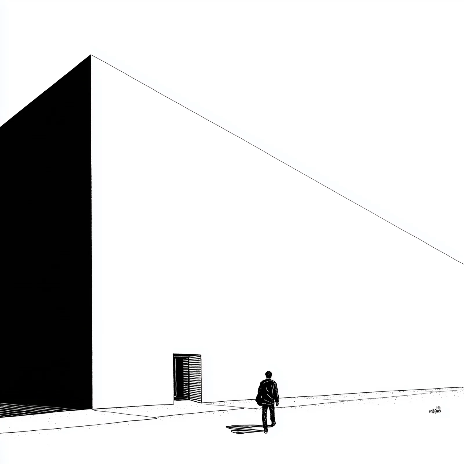 man approaching a very large big box retailer, minimal, minimalist black and white editorial illustration, high-contrast