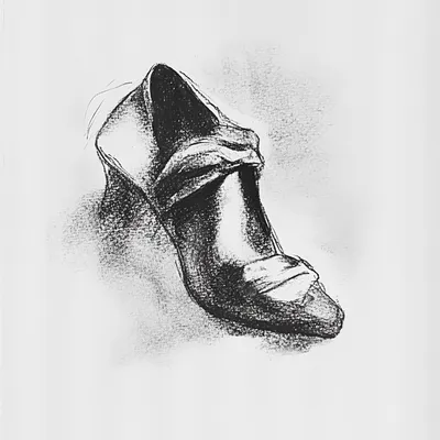 black and white vine charcoal sketch of a piece of a dance shoe, simple shapes