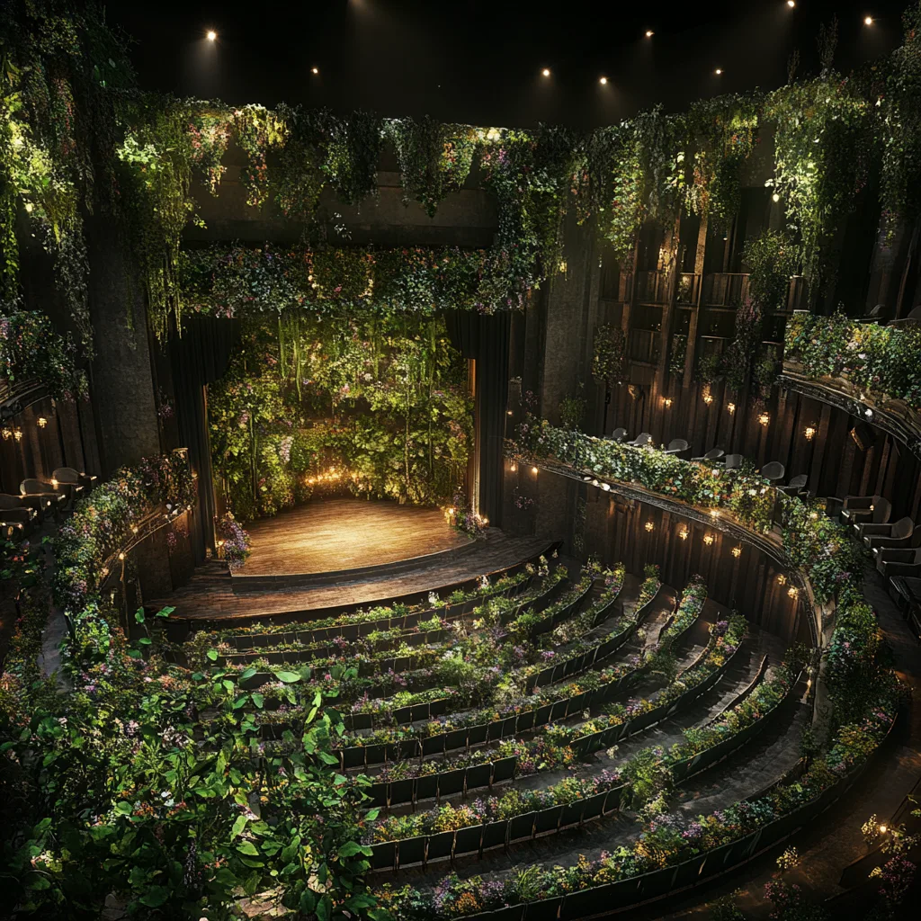 A breathtaking bird’s-eye view of a full theater, where greenery seamlessly integrates into every aspect of the venue. T