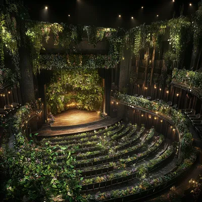 A breathtaking bird’s-eye view of a full theater, where greenery seamlessly integrates into every aspect of the venue. T