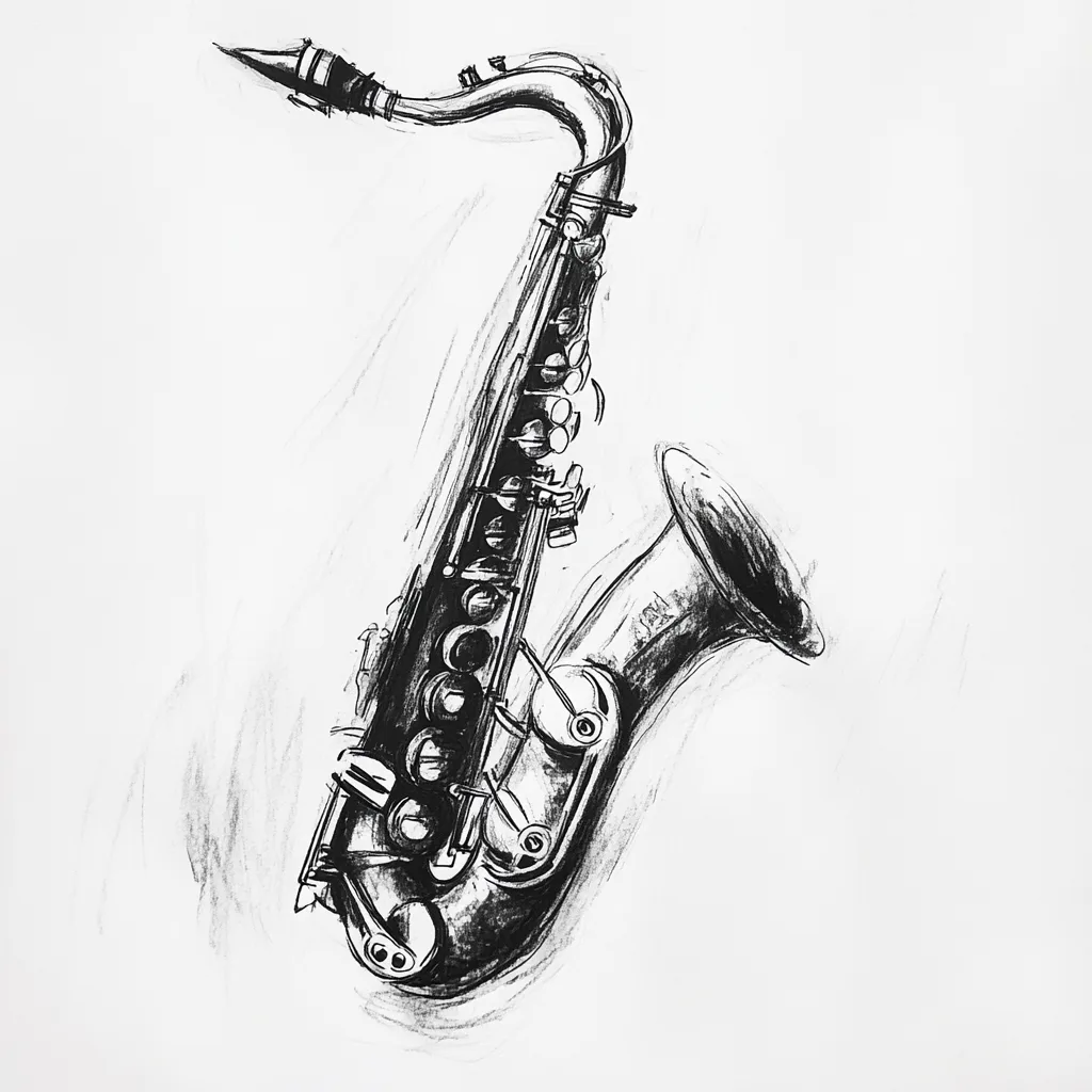 black and white vine charcoal sketch of a saxophone, simple shapes