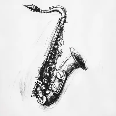 black and white vine charcoal sketch of a saxophone, simple shapes