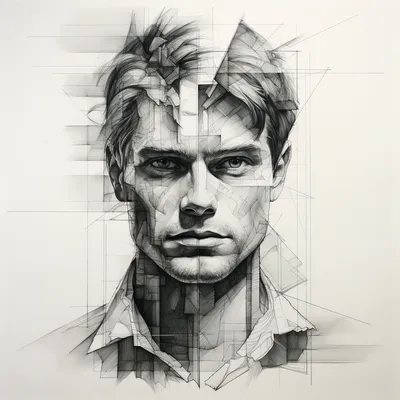 abstract, charcoal drawing, portrait, man, simple shapes, lines, black and white --s 250