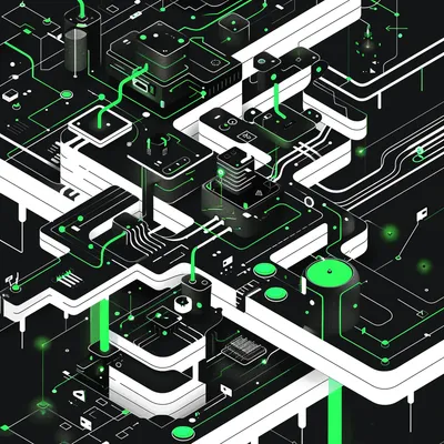 simple black-and-white-and-green illustration, Death Star architecture metaphor, vast sprawling interconnected microserv