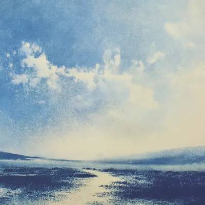 Expansive abstract landscape in soft halftone and heavy dithered texture, light-filled path or valley leading toward a d