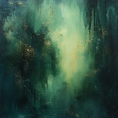 An abstract blend of earthy greens, mossy textures, and glowing golden specks, evoking the life force of a mystical fore