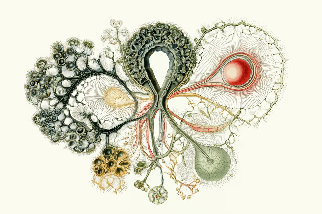 an abstract scientific specimen representing a better company: a strange, elegant organism built from interconnected cha