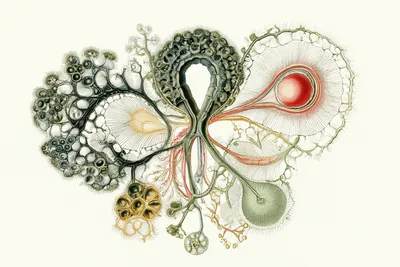 an abstract scientific specimen representing a better company: a strange, elegant organism built from interconnected cha