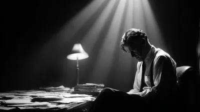 black and white film noir photograph, lone lawyer sitting at a small simple wooden desk, single desk lamp casting a shar