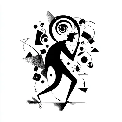 abstract disoriented person stumbling in isolation with a hurricane of new objects flying his way, minimalist black and 