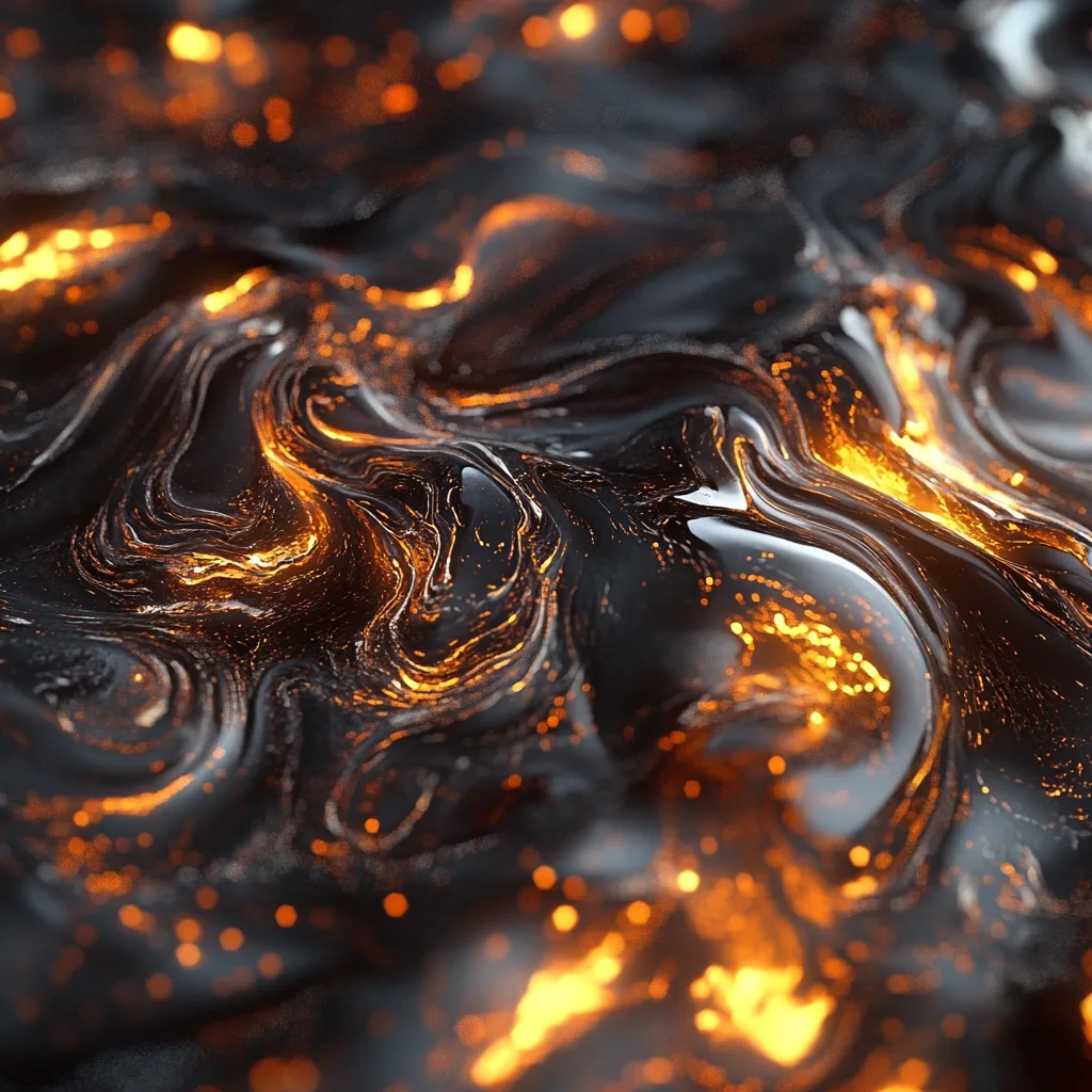 A hyper-realistic close-up of molten lead. The material appears viscous, with intricate details of light refractions and