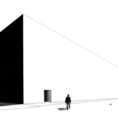man approaching a very large big box retailer, minimal, minimalist black and white editorial illustration, high-contrast