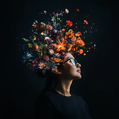 portrait of person, dark background, with these values as items exploding behind portrait, care deeply about sustainabil