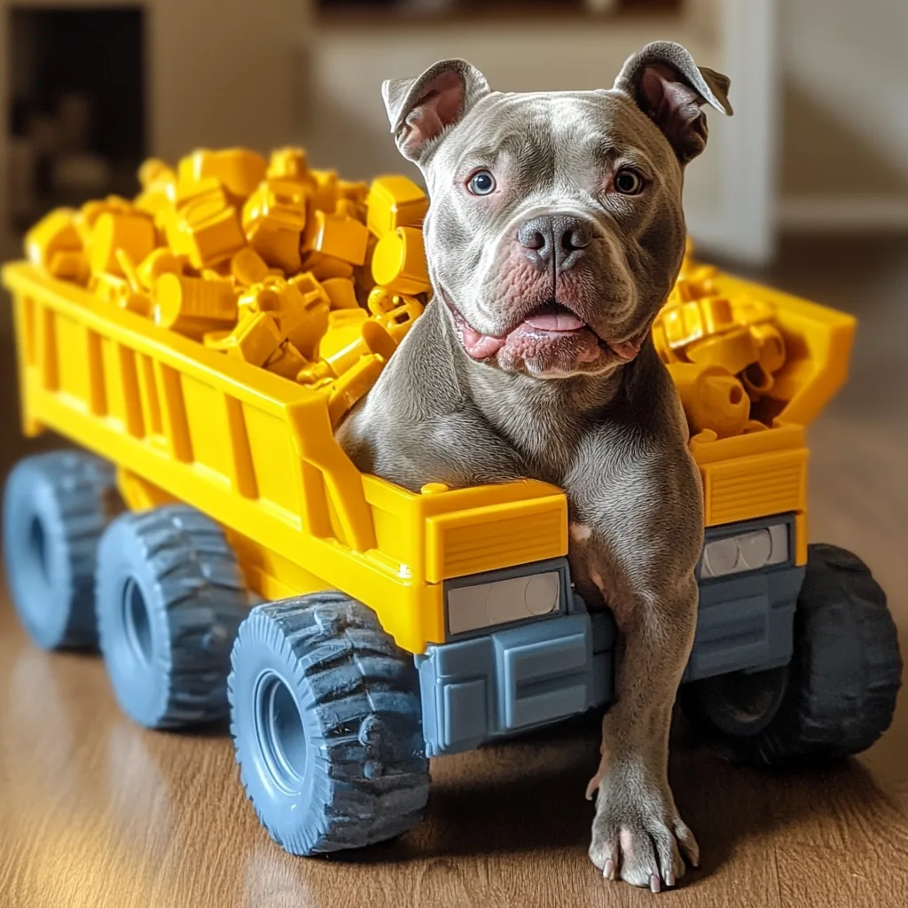 a grown gray pitbull dog sitting in a toy tonka truck overflowing
