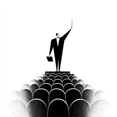 abstract conductor on a podium, baton raised, the audience seats are empty, minimalist black and white editorial illustr