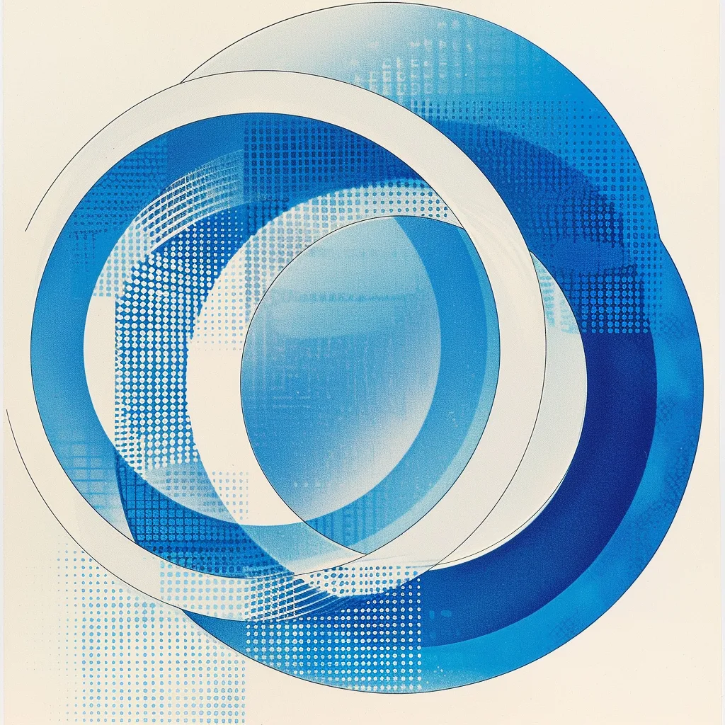 abstract mid-century modern illustration, 2-color palette (bright cobalt blue and light warm gray), layered circular and