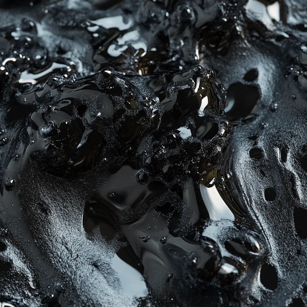 Ice cold black hyper-realistic close-up of blobs of black metal. The material appears bulbus, with intricate details of