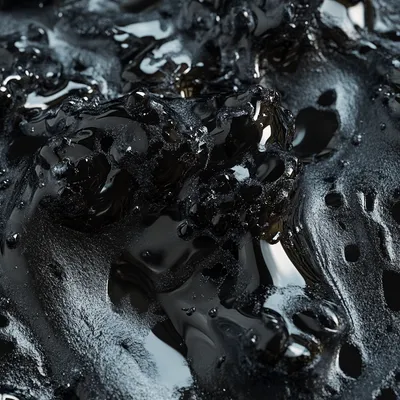 Ice cold black hyper-realistic close-up of blobs of black metal. The material appears bulbus, with intricate details of