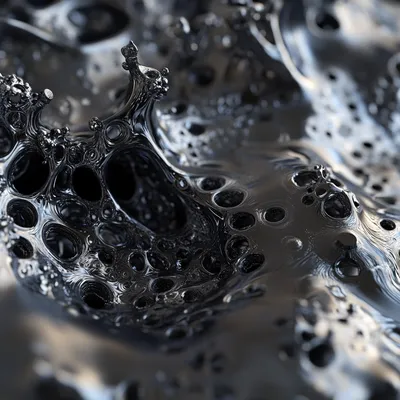 Ice cold black hyper-realistic close-up of blobs of black metal. The material appears bulbus, with intricate details of